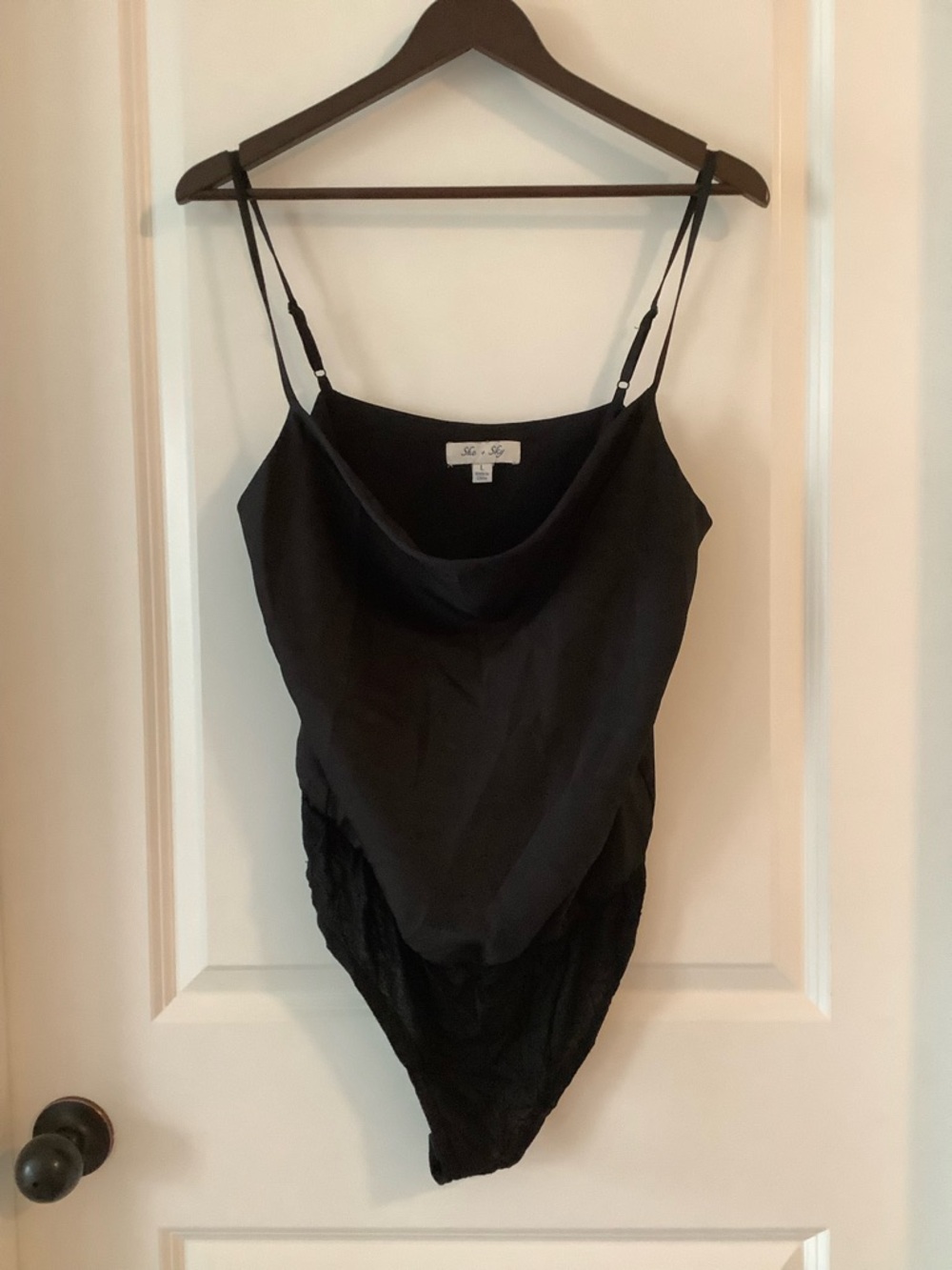 She + Sky Black Cowl Neck Satin Bodysuit